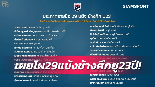 ไร้นักเตะบุรีรัมย์!ส.บอลไทยเปิดโผแข้งยู-23ลุยคัดศึกเอเชีย